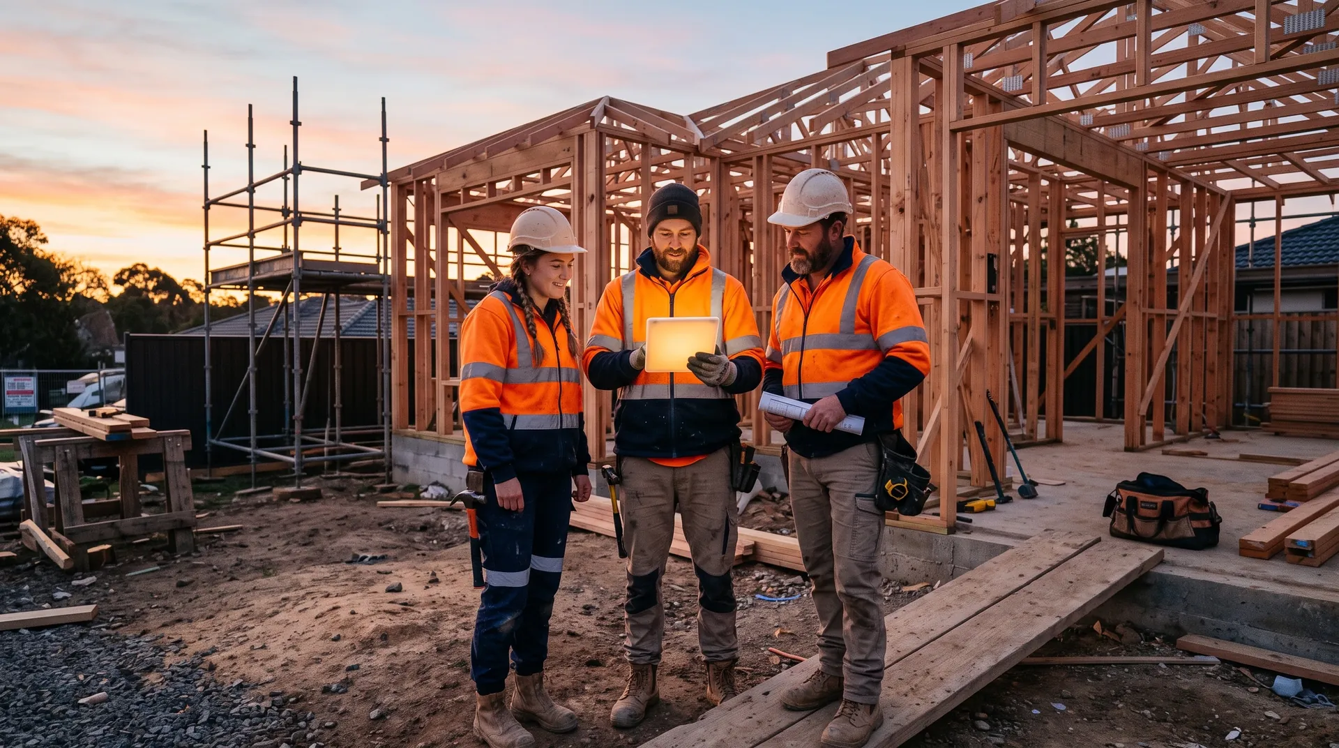 Three tradespeople in hi-vis on a residential building site at dawn, one holding a tablet