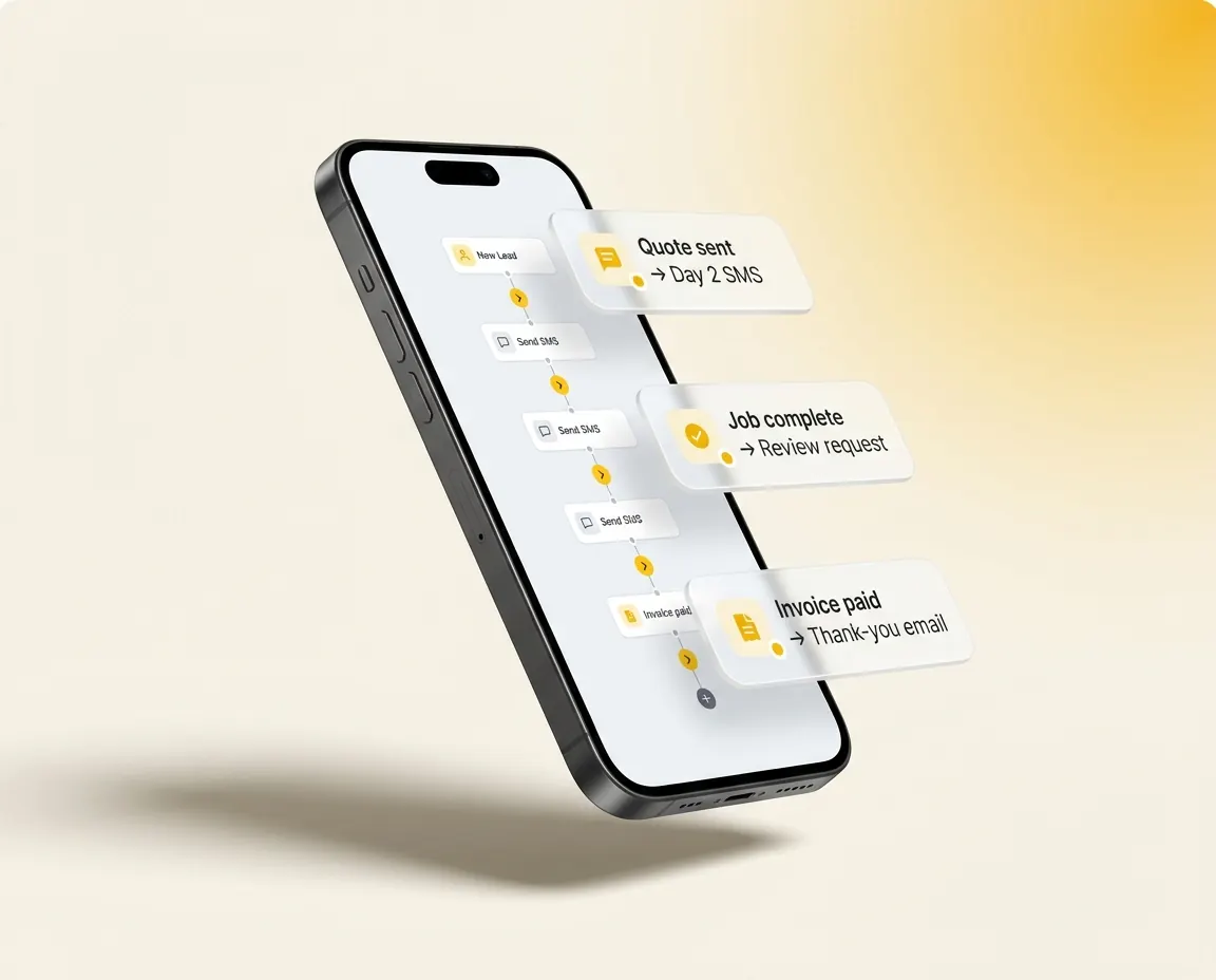 Phone mockup of an automation sequence: quote sent, job complete, review request and invoice paid steps