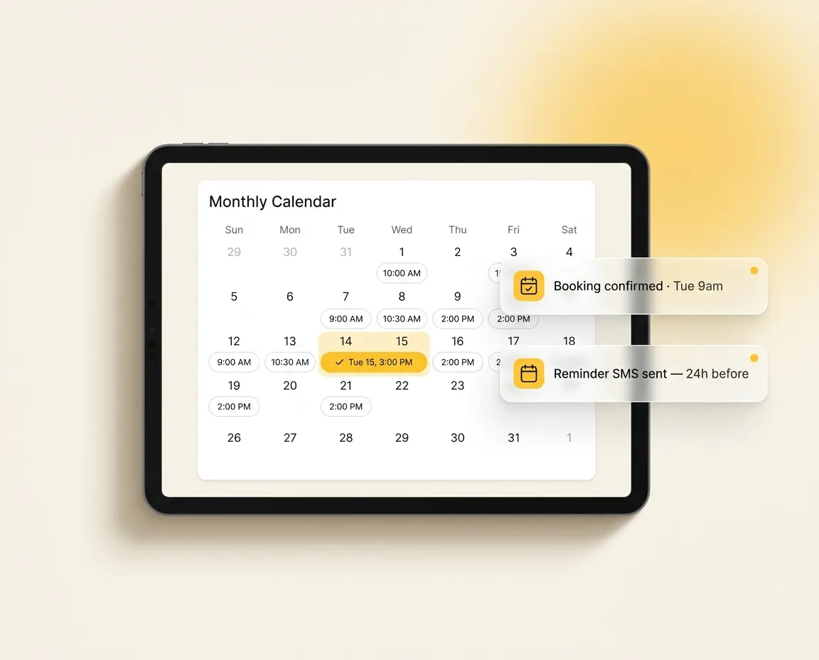 Tablet mockup of the monthly booking calendar with a confirmed booking and a reminder SMS label