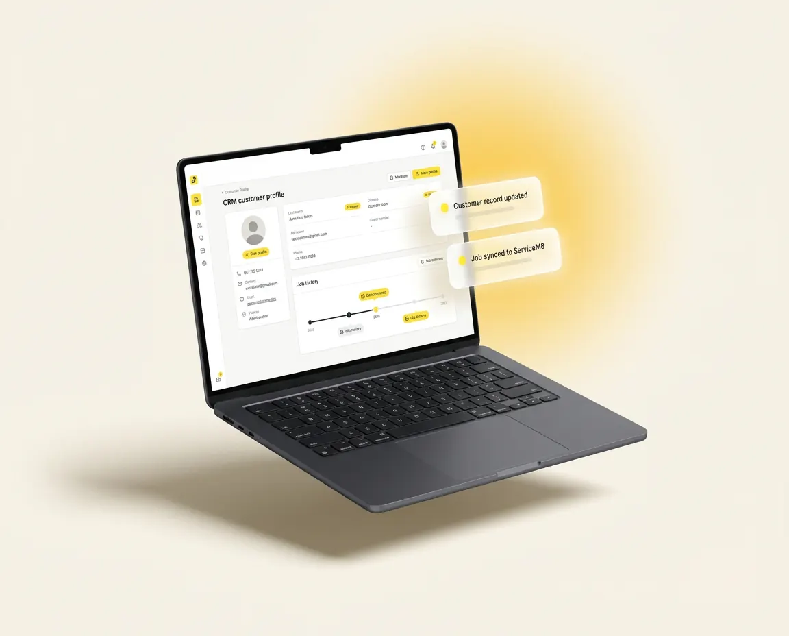 Laptop mockup of the customer card: one record holding the lead, chat history, quote, job and invoice, with a synced-record label