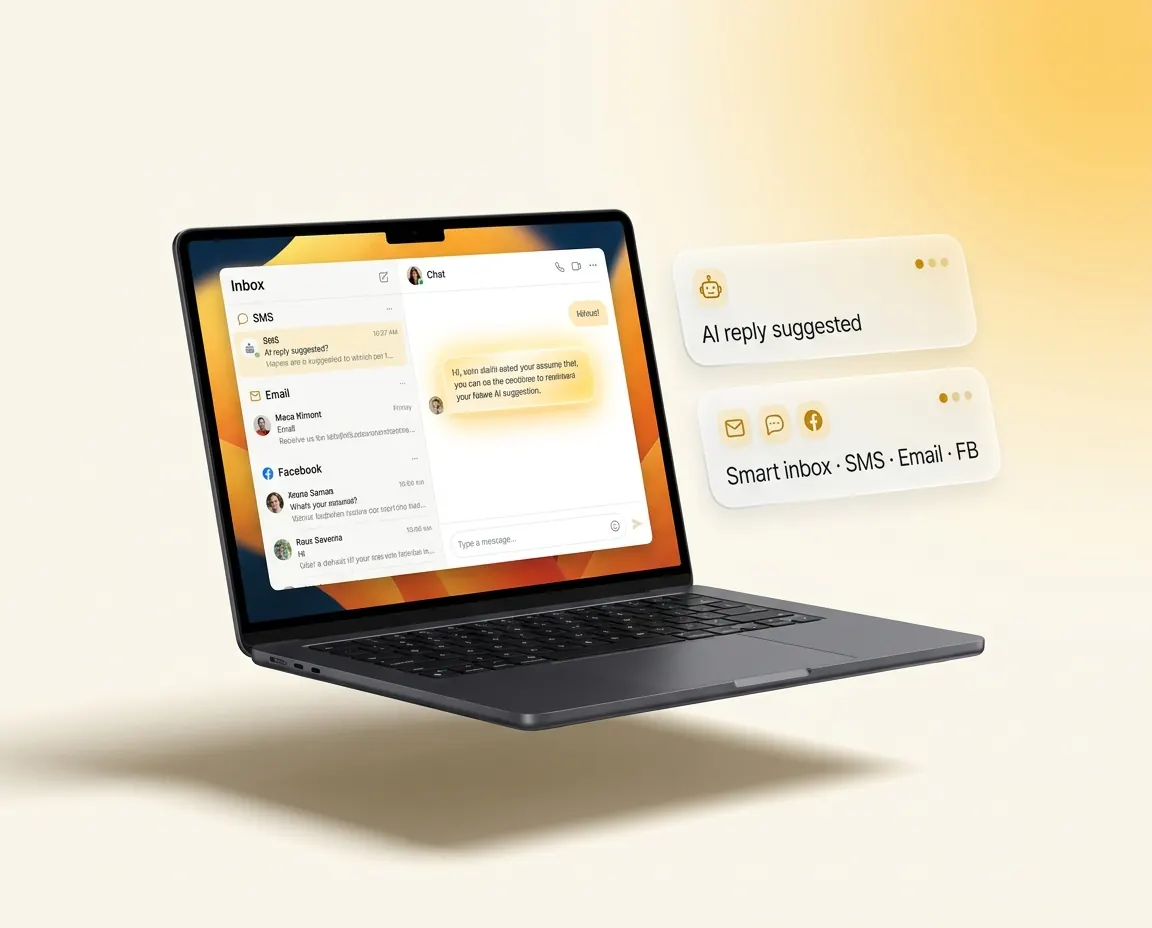 Laptop mockup showing a single customer conversation thread with SMS and email in one place