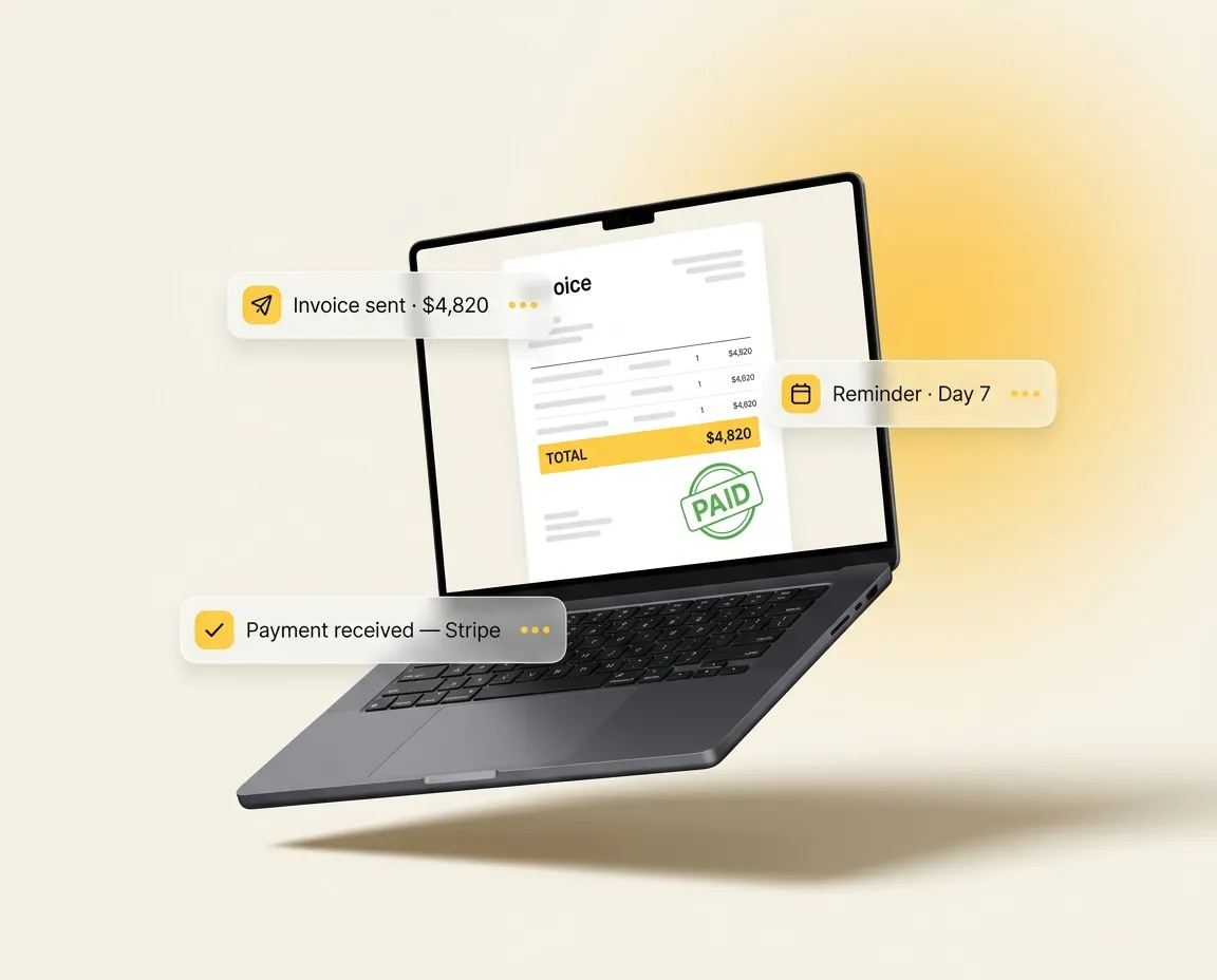 Laptop mockup of an invoice marked paid, with the day-7 reminder and payment-received labels