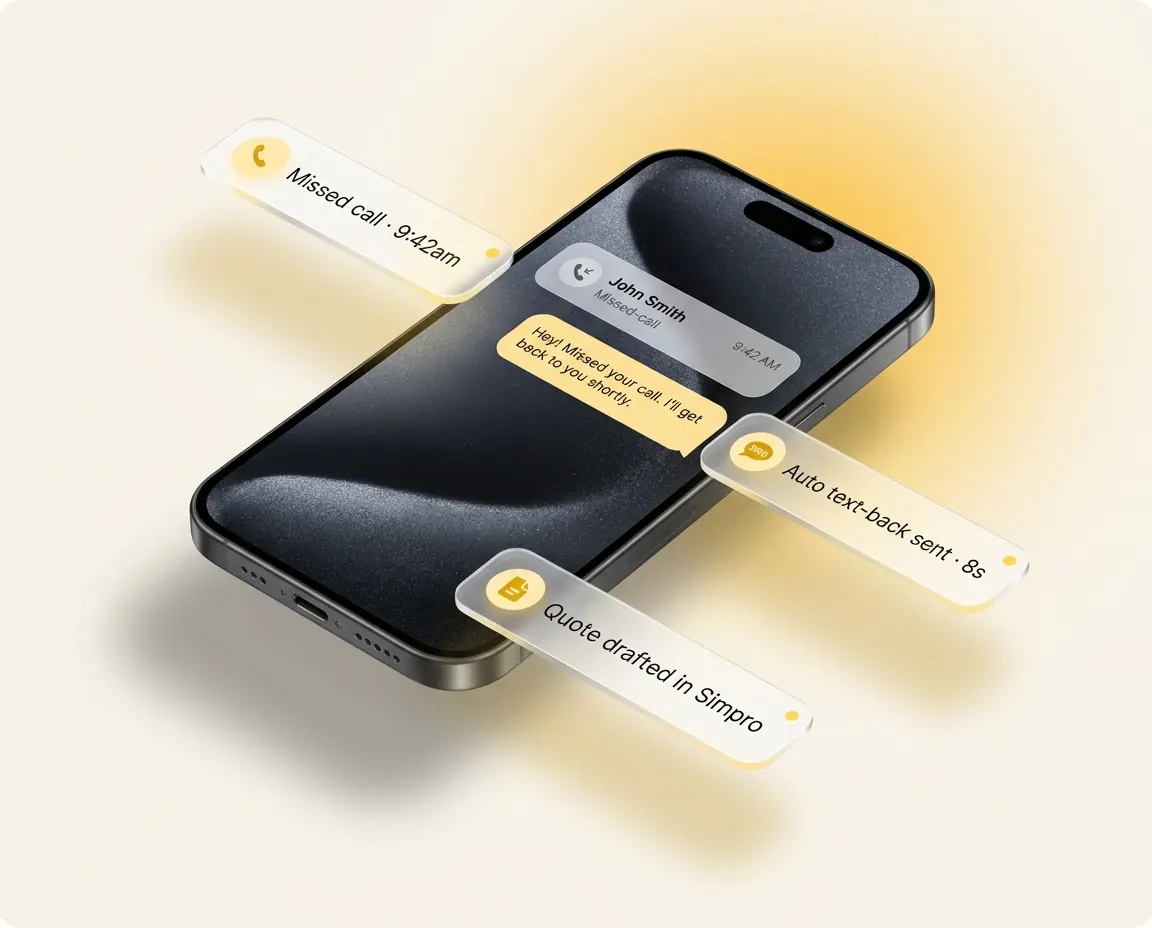 Phone mockup showing a missed call turned into an automatic SMS reply and a synced customer record