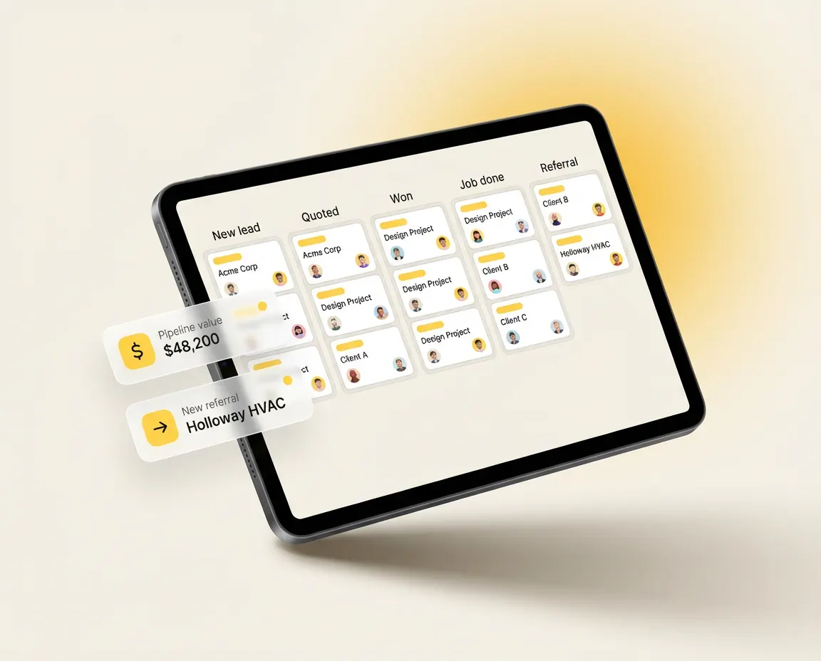 Tablet mockup of the lifecycle pipeline board with Quoted, Won and Job done columns and a stage auto-advanced label