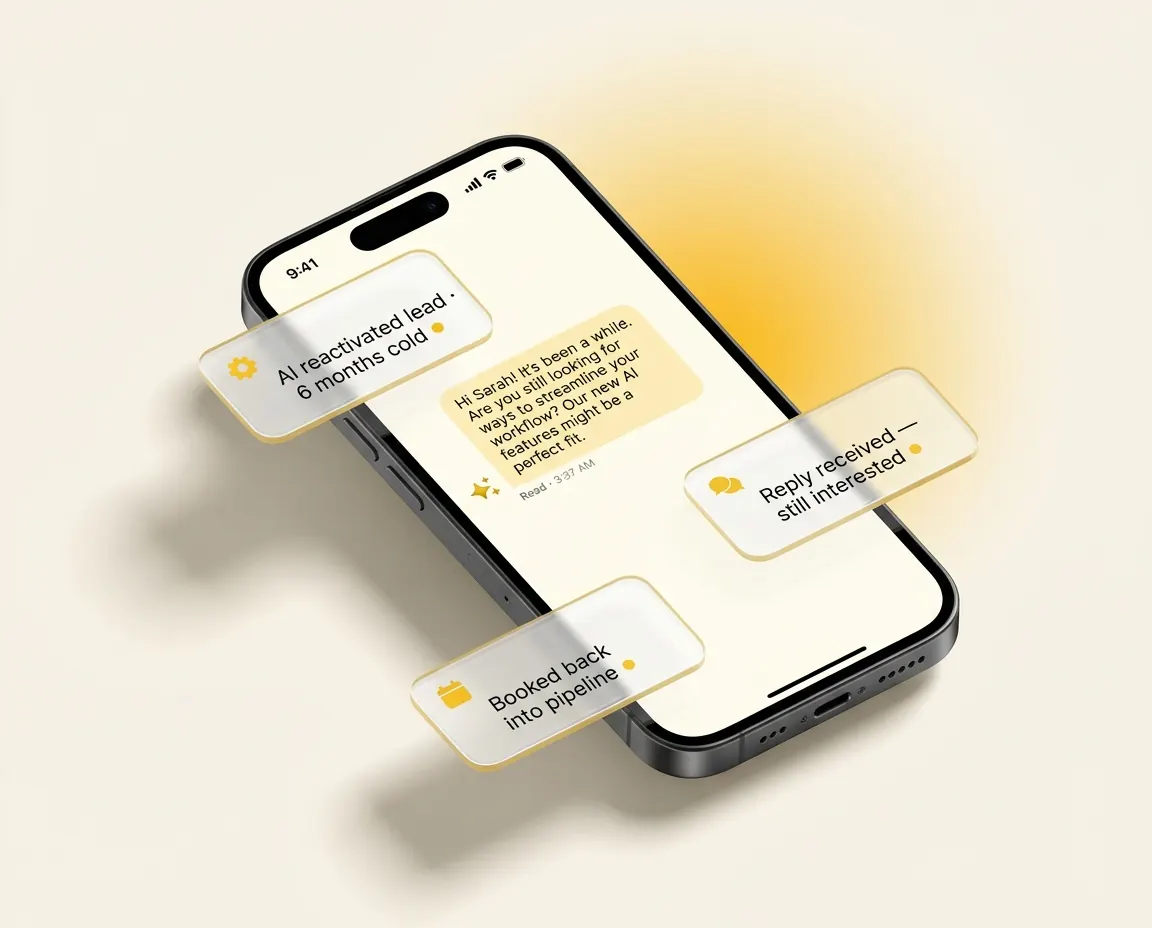 Two phone mockups of an AI conversation re-engaging a cold lead who replies and gets booked in