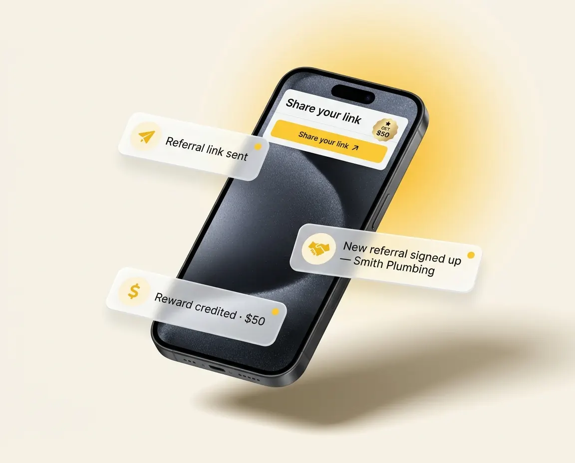 Phone mockup of a referral link being shared, a new referral signed up and the reward credited