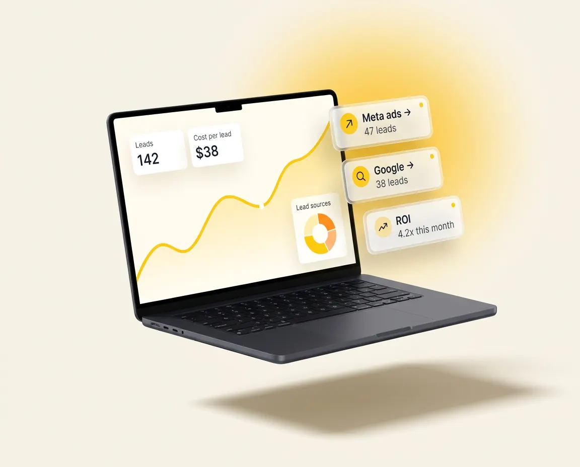 Laptop mockup of the reporting dashboard: lead count, cost per lead and a trend line with Meta and Google source cards