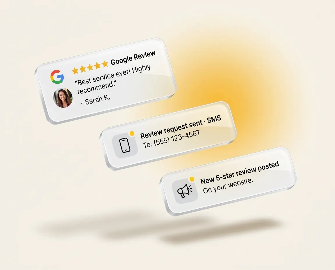 Mockup of an automatic Google review request and a new five-star review notification