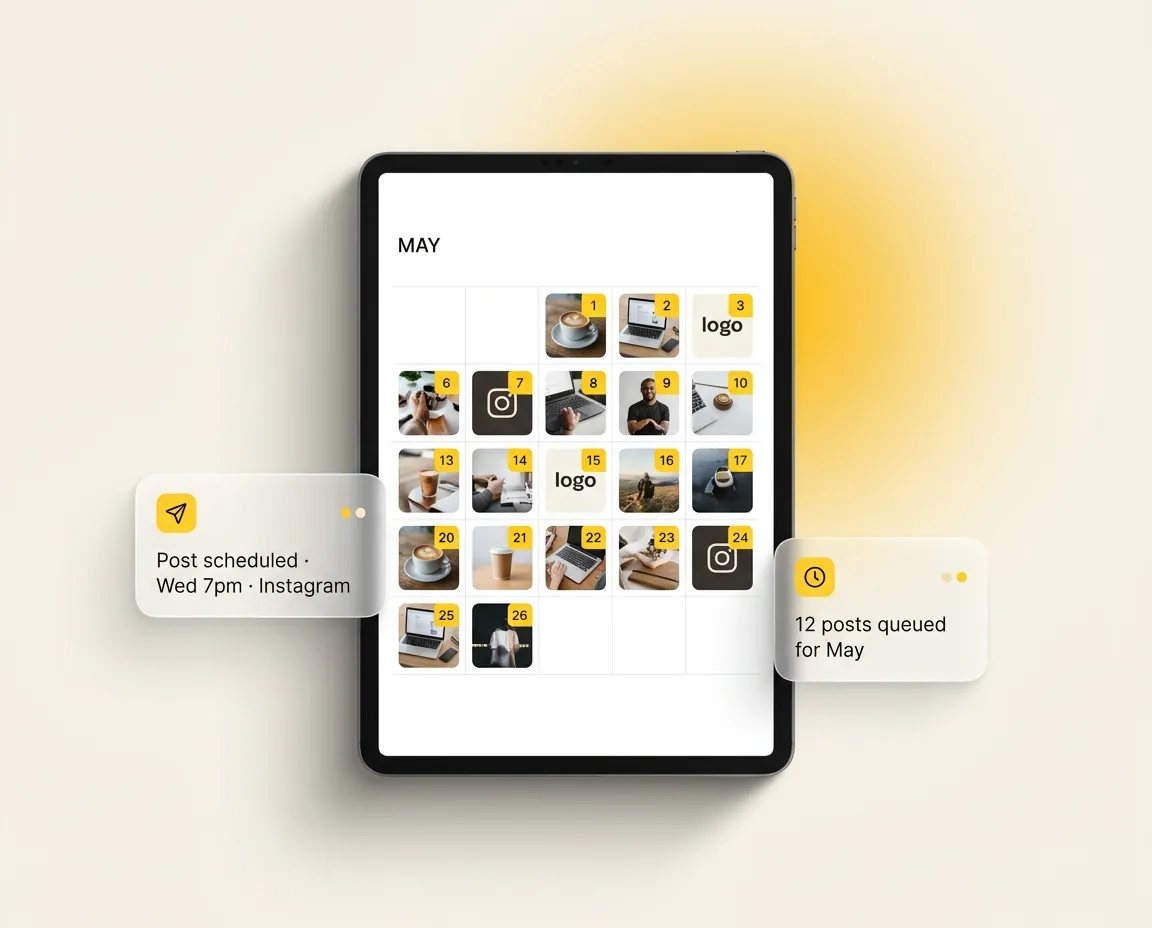 Tablet mockup of the social planner: a month grid of post thumbnails with a scheduled post and a queued-posts label