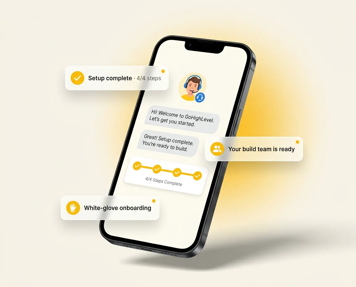 Phone mockup of onboarding: setup complete, your build team is ready, and a welcome message from the Australian team