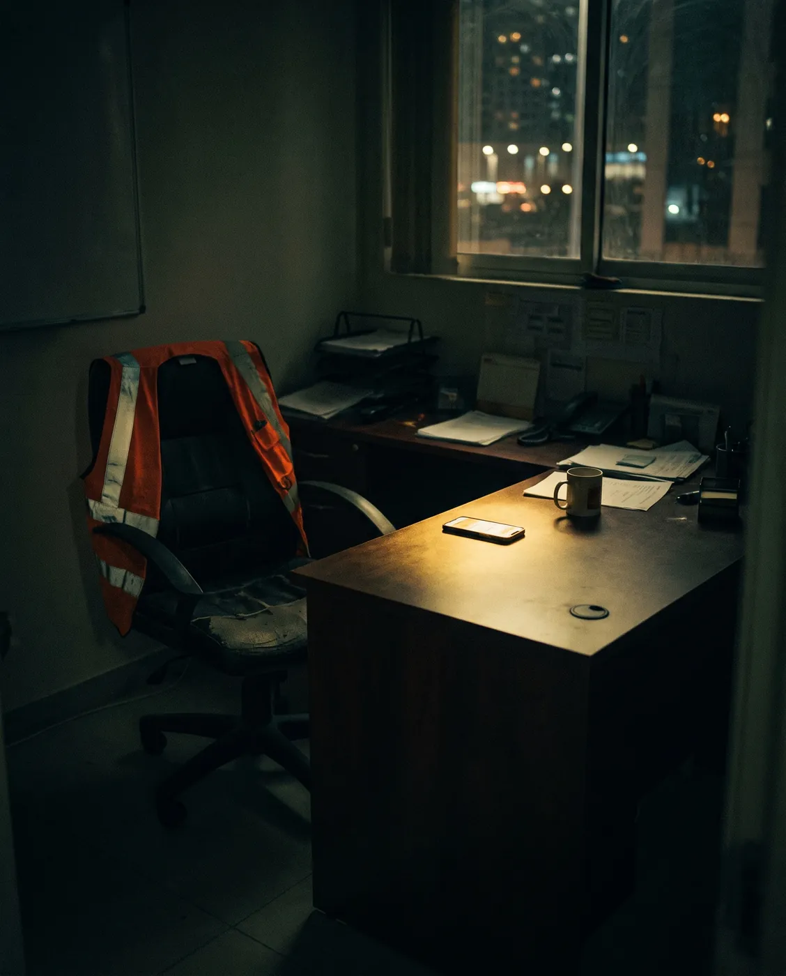 A trade-business office at night, lights off, one phone lighting up on the desk