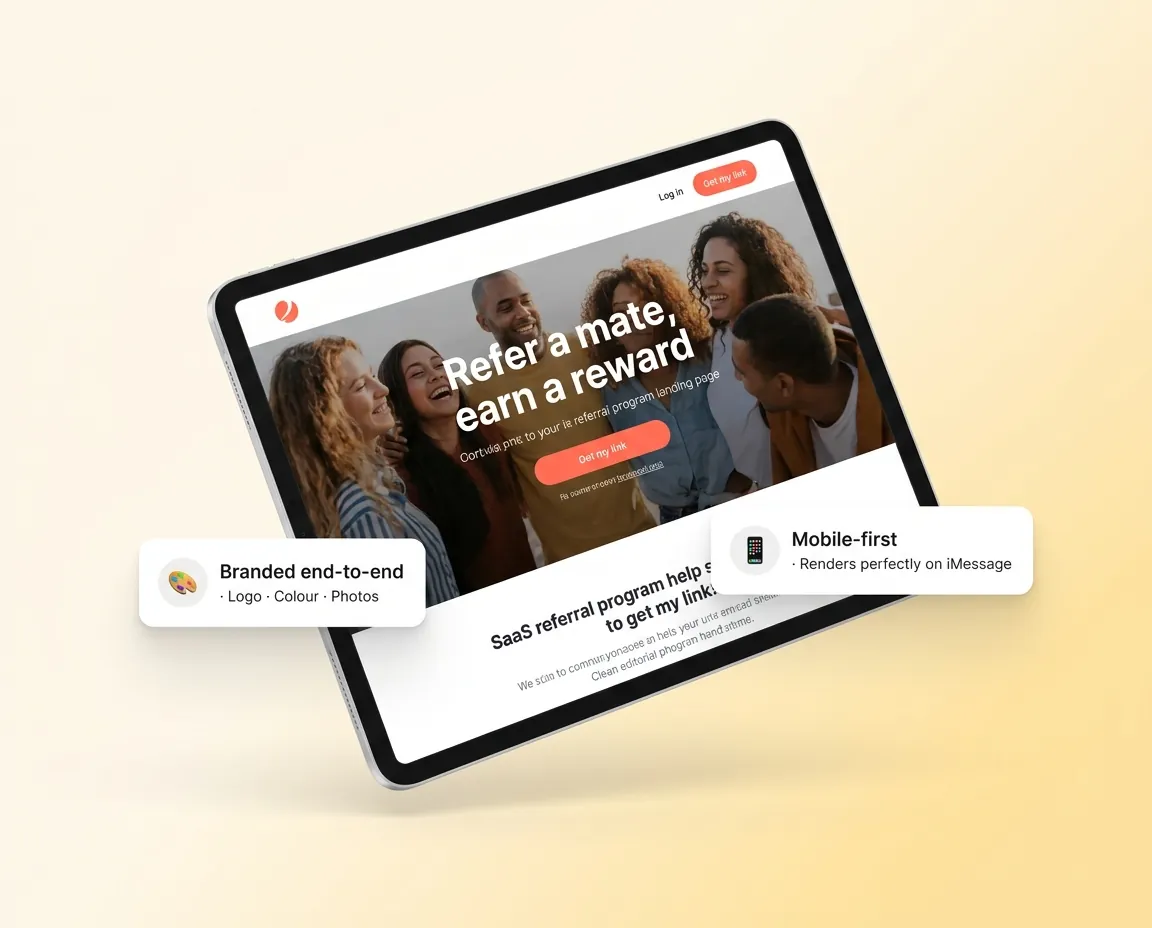 Tablet mockup of a branded referral landing page headed Refer a mate, earn a reward, over the business's own team photo