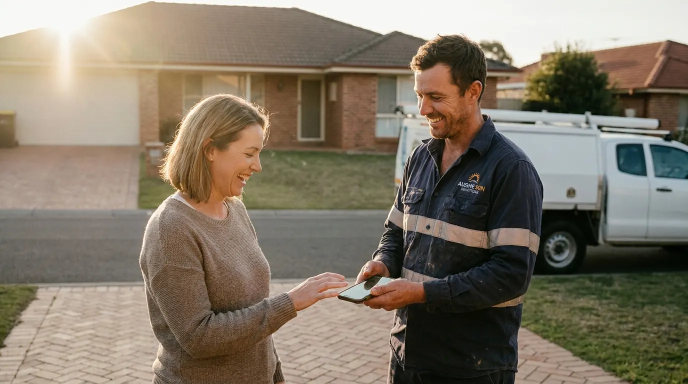 An Australian tradie sharing a phone with a happy homeowner on her driveway in golden-hour light