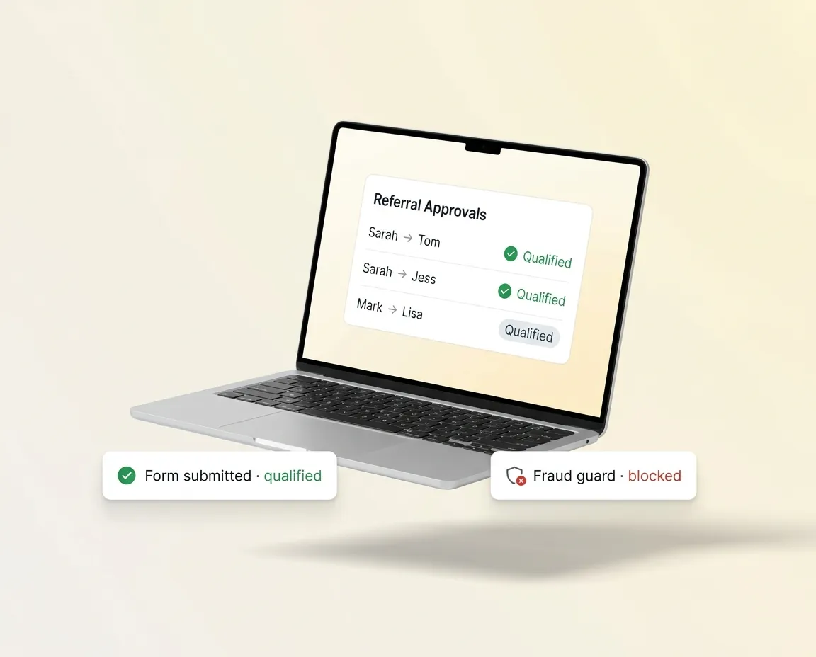 Laptop mockup of the Referral approvals list, advocate to friend pairs marked Qualified, beside Form submitted and Fraud guard blocked callouts