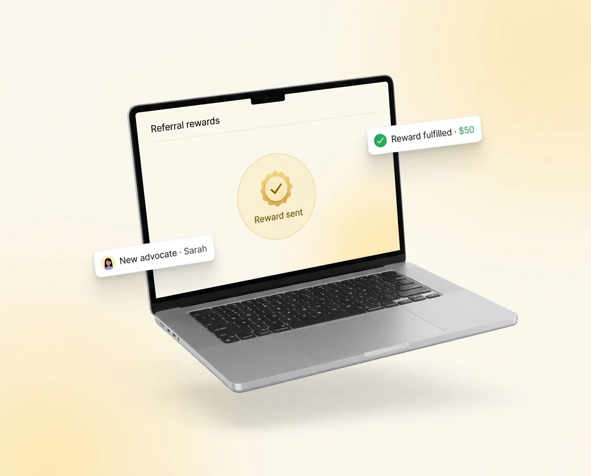 Laptop mockup of the Referral rewards screen with a reward marked sent, beside New advocate and Reward fulfilled callouts