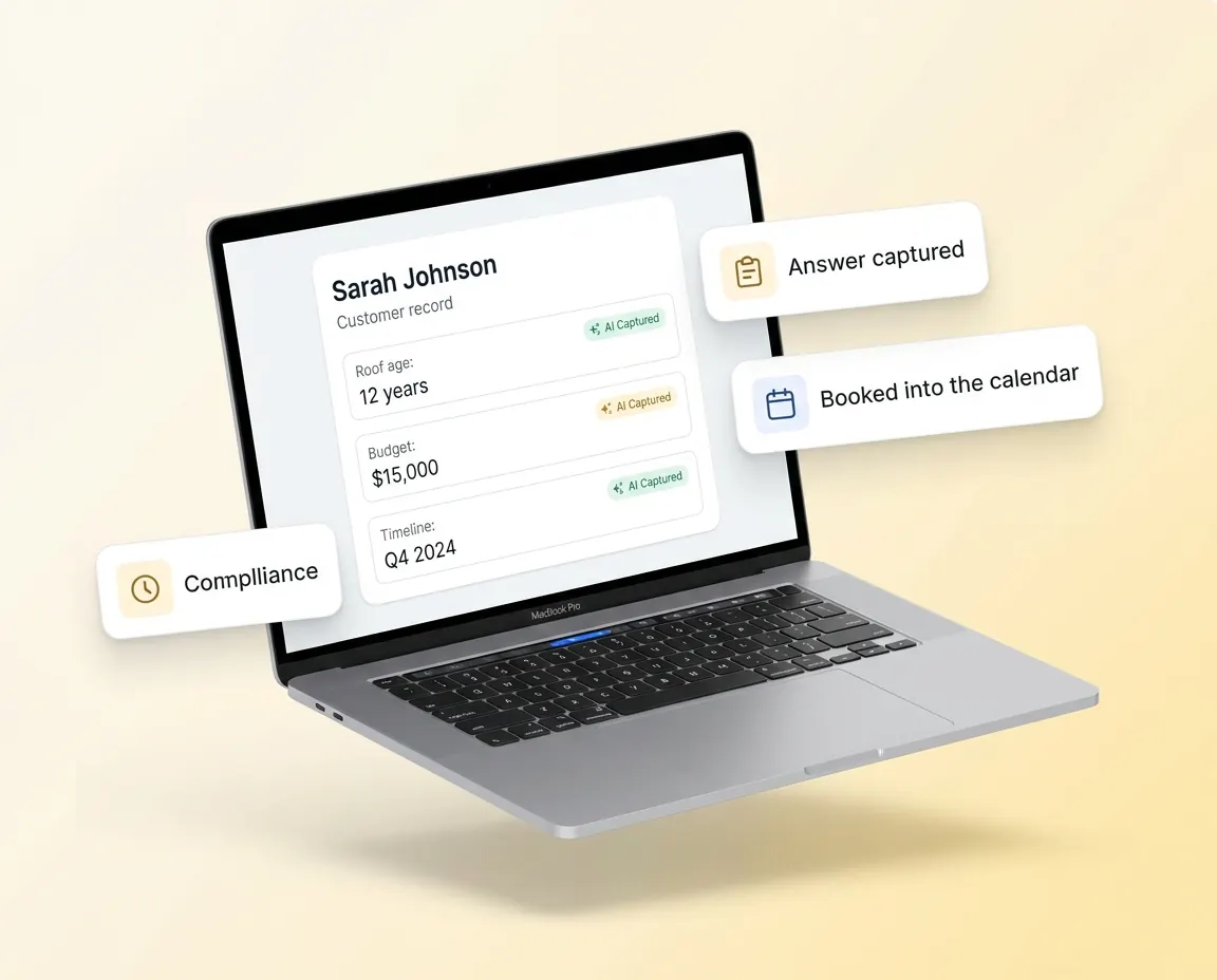 Laptop mockup of the customer record with answers captured from the chat and the booking on the calendar