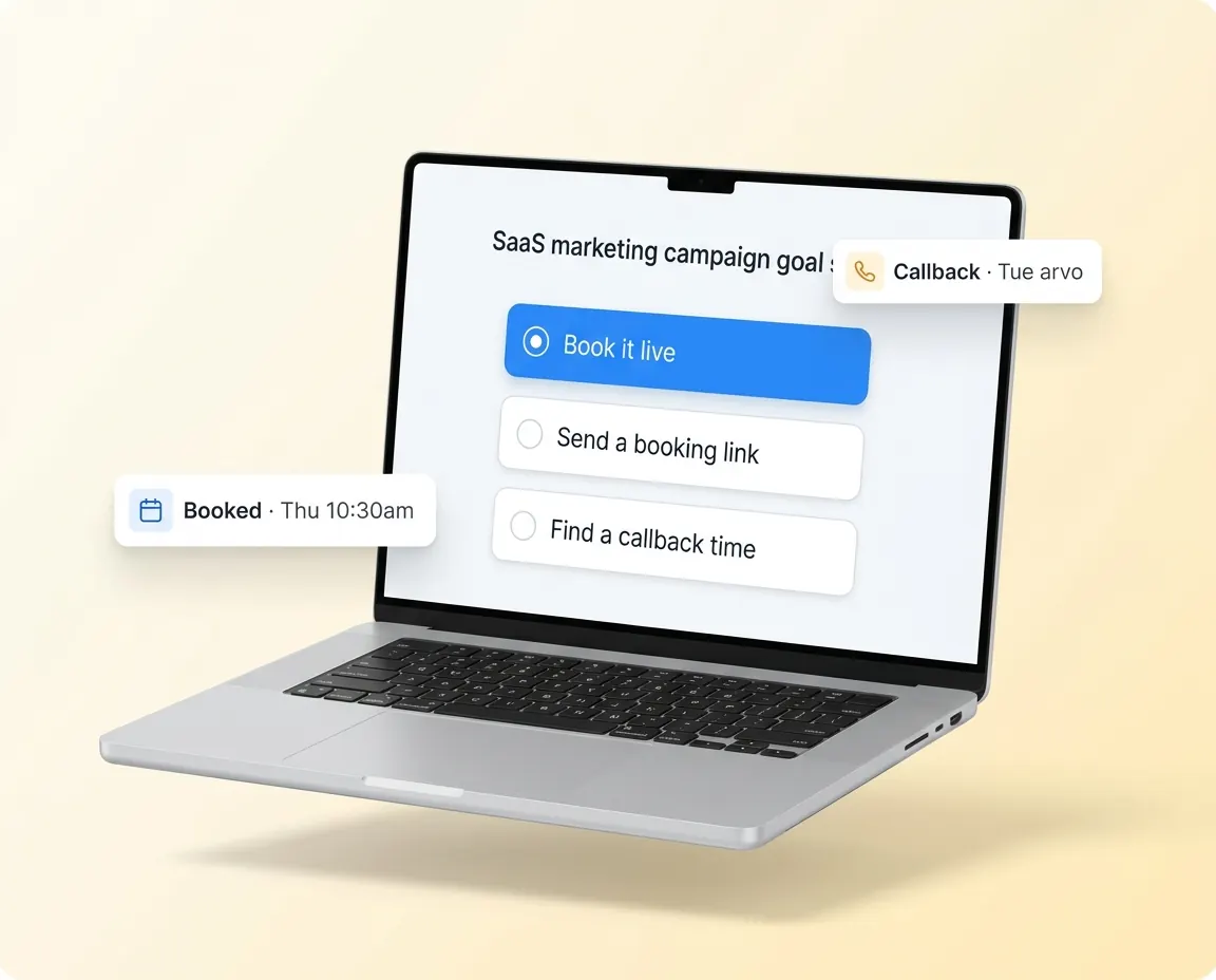 Laptop mockup of the goal setting: Book it live, Send a booking link, Find a callback time