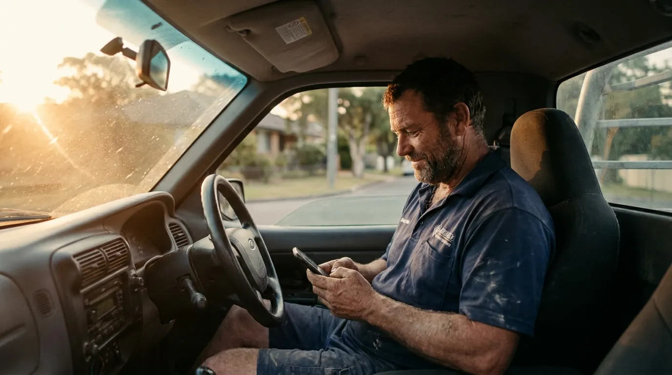 An Australian tradie reading SMS replies on his phone in the cab of his ute at golden hour