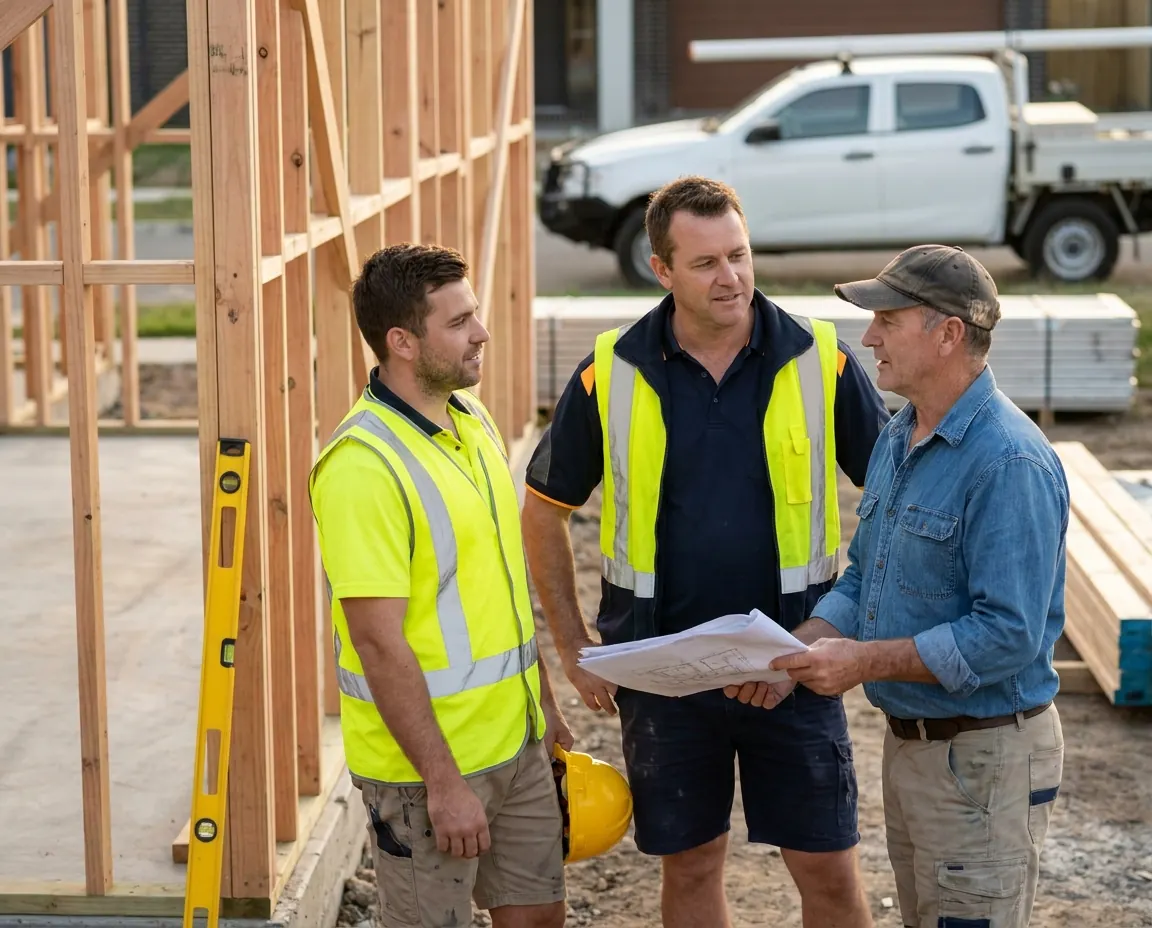 Three Australian tradespeople in hi-vis talking over plans beside a timber house frame, a ute behind them